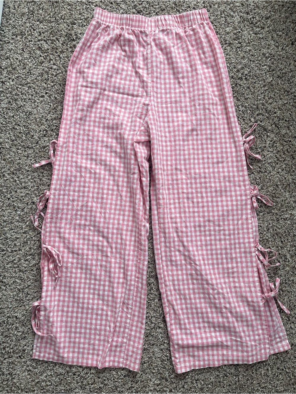 Pink Gingham Pants with Side Tie Detail